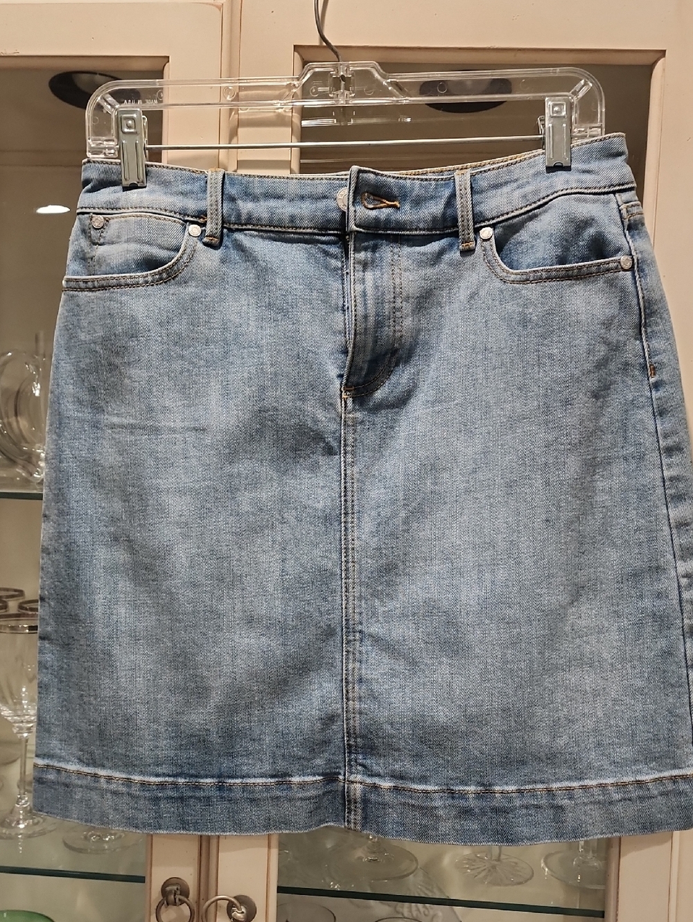 Talbots Petite Light Blue Denim Skirt with Contrast Gold Stitching